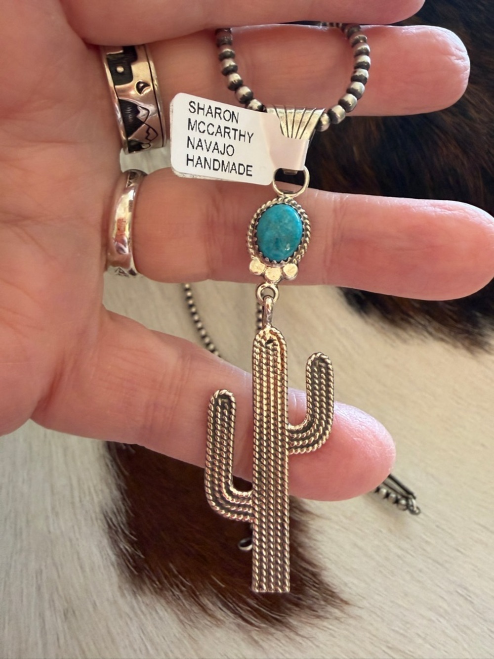 ❤️Signed Navajo Sharon McCarthy Cactus Pendant Kingman Turquoise Sterling Silver - Picture 4 of 15